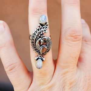 New Rainbow Moonstone 925 Silver Peacock Ring.